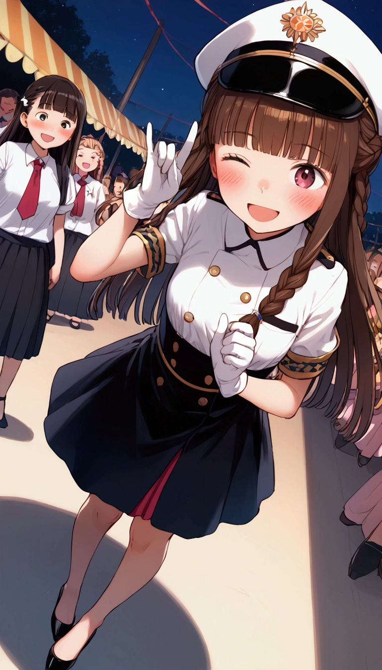 {Highest quality}, {Super beautiful},{Ultra fine},{Best illustration},Brown Hair,Hime cut,long hair,Braid,One woman,Standing Woman,Strike a pose,Adult women,smile,Excited face,Wink,Uniform cap,White Shirt,Short sleeve,long black skirt,White gloves,Night Festival,Blushing,Slender,Black high heels,barefoot,From an angle,From below,Woman with closed legs,Roll up the skirt with both hands