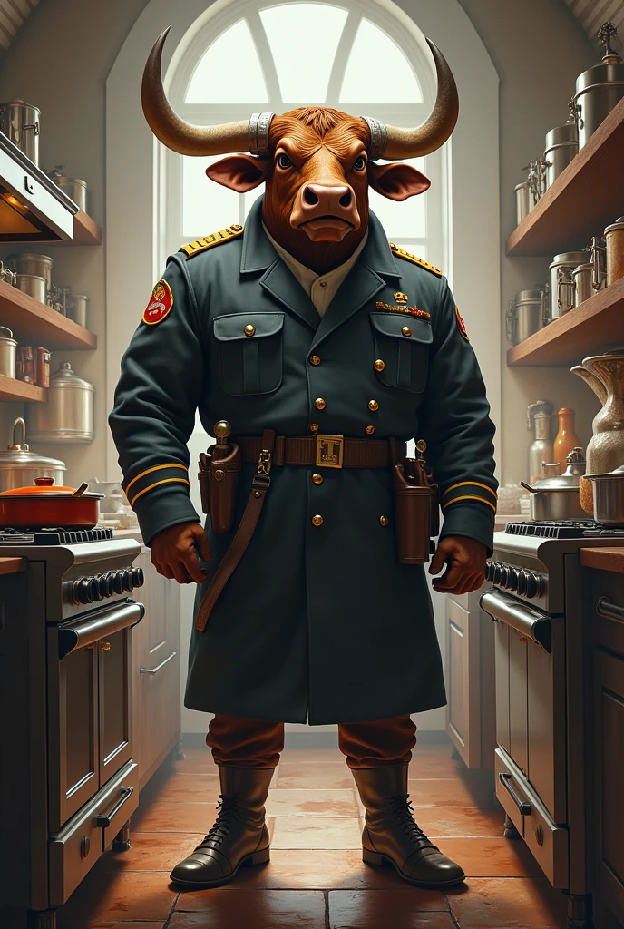 Ox with big horns dressed as a gasman in the kitchen