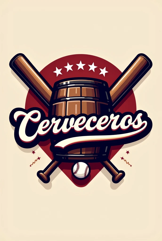 While I cannot create visual designs directly, I can help guide you through creating a baseball logo with the specified elements. Here’s a detailed description you can provide to a graphic designer:
Team Name: "Cerveceros" should be prominently displayed in a bold, dynamic font that conveys energy and strength. Consider using a curved, banner-like style to give it a classic sports logo feel.
Color Scheme: Incorporate the color vinotinto (burgundy) as the primary color. Use this for the team name, key design elements, and background accents.
Venezuelan Flag: Integrate the Venezuelan flag in a subtle yet noticeable way. Perhaps it can be featured within a shield or as a background element behind the main design. Include only 7 white stars from the flag, arranged in a semicircle or arch above the team name.
Barrel Element: Use a barrel as a central element, symbolizing strength and tradition. The barrel can be stylized to look dynamic and integrated with the sports theme, perhaps with the team name "Cerveceros" wrapped around it.
Baseballs and Baseball Bats: Cross two baseball bats behind the barrel to create an X shape, adding a sense of depth and balance to the design. Place a couple of baseballs near the base of the barrel, or incorporate them into the background pattern.
Additional Details: To tie everything together, use accent lines and shading in white or a lighter shade of vinotinto to add contrast and dimension.
By following this description, a graphic designer should be able to create a cohesive and visually appealing logo that represents the "Cerveceros" baseball team with the specified elements.
