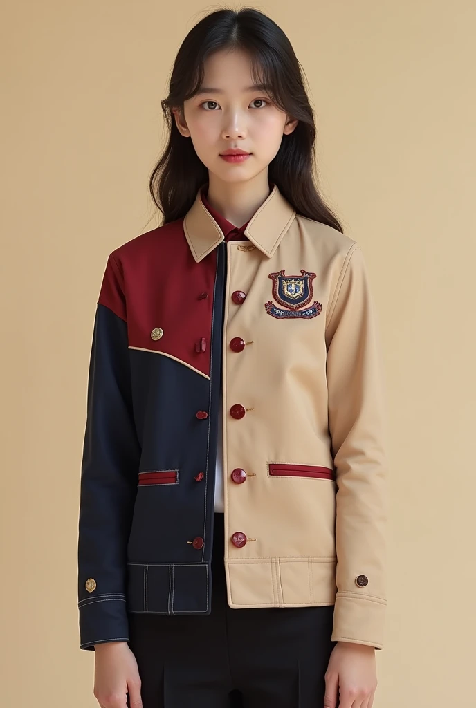 Design a 11th grade promotion jacket with beige colors, red wine, dark blue