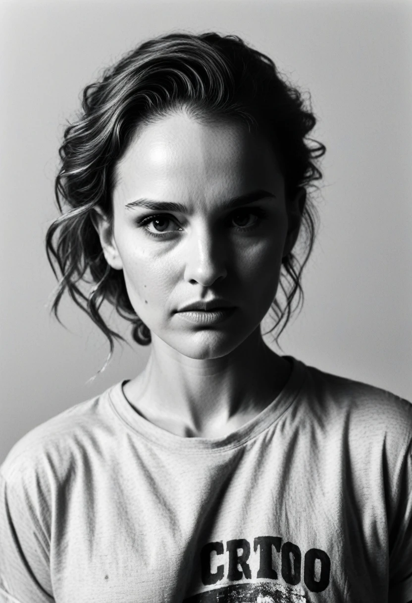 80's footage,low resolution image, Professional photograpy, documentary black and white Photo style , Natalie Portman Angry,35mm photograph, film grain,skin pores, eyes catchlights,braless, oversize torn t-shirt
