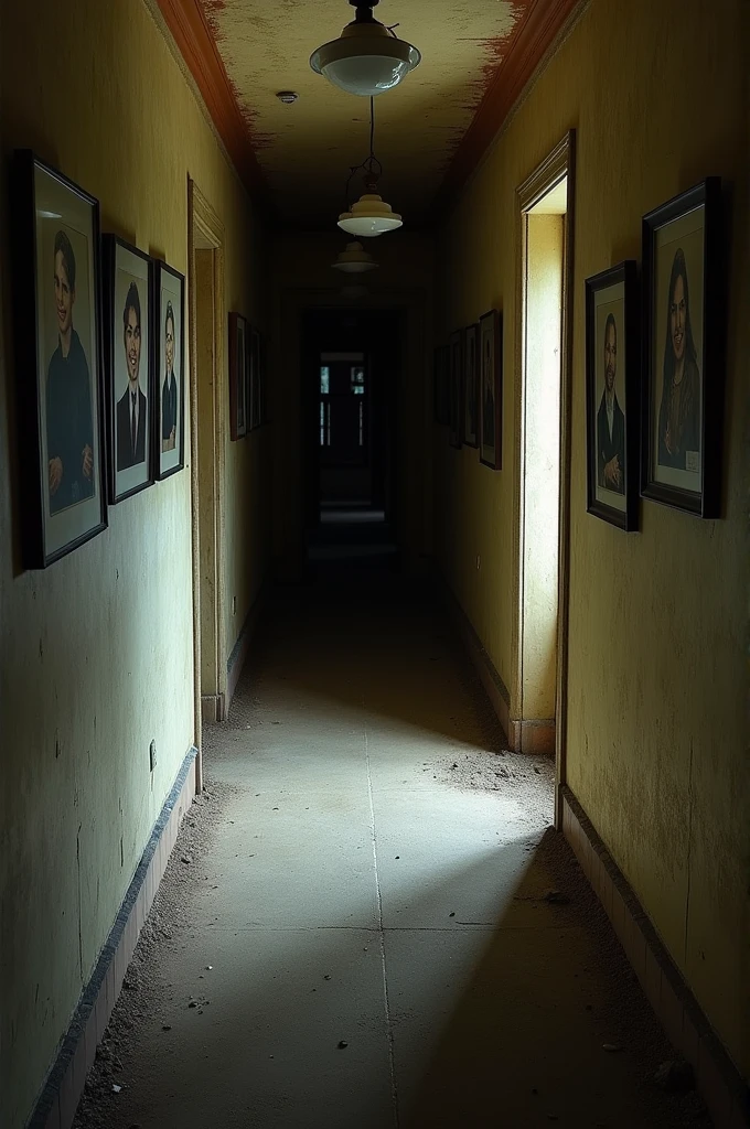 The Hallway of the House:
• Description: An old, dusty hallway with walls covered in old paintings. The paintings show portraits of people who appear to be smiling in a peculiar way.. The hallway has a slightly creepy air, but intriguing.