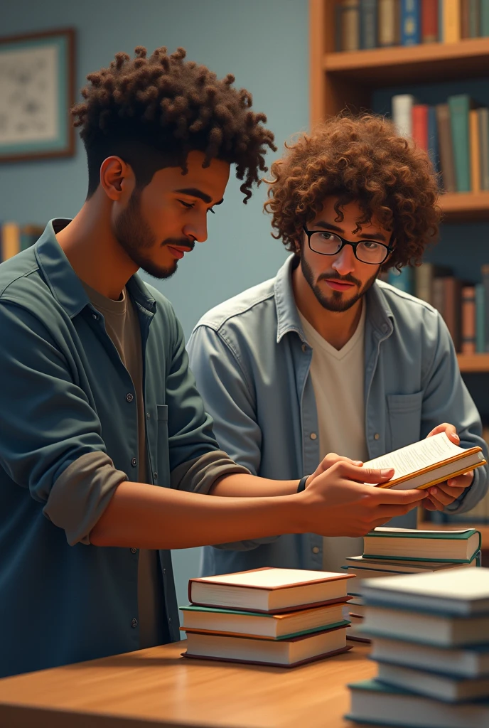 A brown guy with short curly hair helping with the books, a white guy with long brown curly hair wearing glasses.
