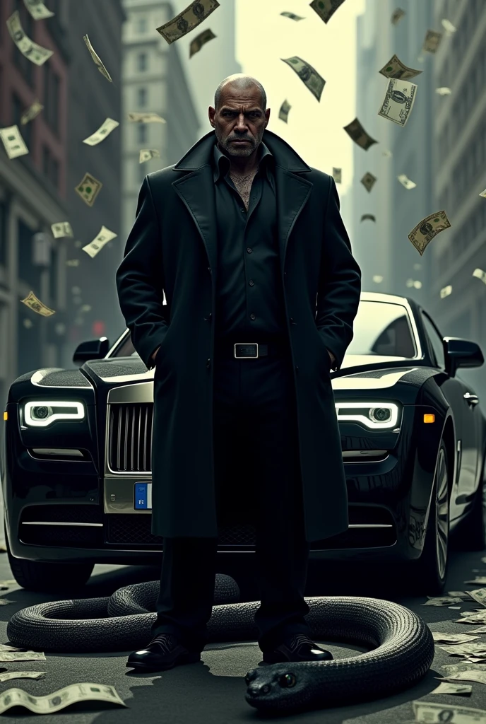 Gta 5 Trevor with black coat ,rolles roys black car on background, black cobra snake , falling more money