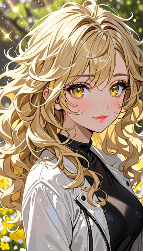 Beautiful and blond messy styled hair, best quality, beautiful woman, amorous expression, blonde messy wavy hair, light blonde hair, yellow eyes, make-up, fully covered tight black clothes, white jacket, spring, sparkly fluffy, flaunting her hair