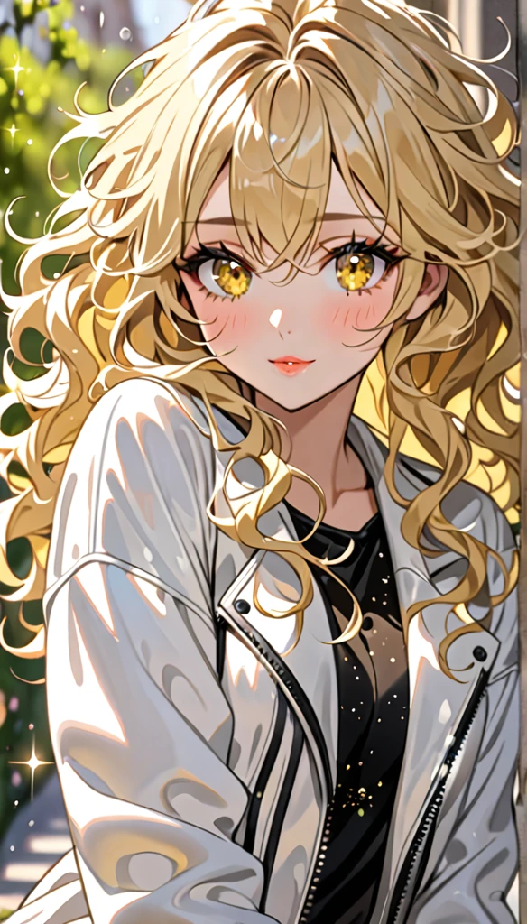 Beautiful and blond messy styled hair, best quality, beautiful woman, amorous expression, blonde messy wavy hair, light blonde hair, yellow eyes, make-up, fully covered tight black clothes, white jacket, spring, sparkly fluffy, flaunting her hair