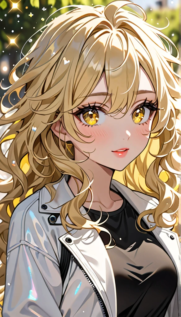 Beautiful and blond messy styled hair, best quality, beautiful woman, amorous expression, blonde messy wavy hair, light blonde hair, yellow eyes, make-up, fully covered tight black clothes, white jacket, spring,  sparkly fluffy, flaunting her hair