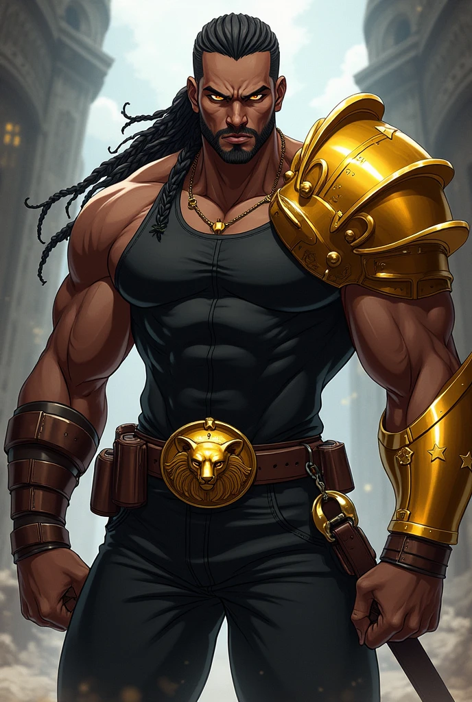 black male, braided hair, amber eyes, angry look, wearing a black tank top, wearing black pants,  wearing golden chest armor, wearing a lion&#39;s head shaped shoulder pad,  using a small leather backrest, Knights of the Zodiac style, anime styling, Full-body image 