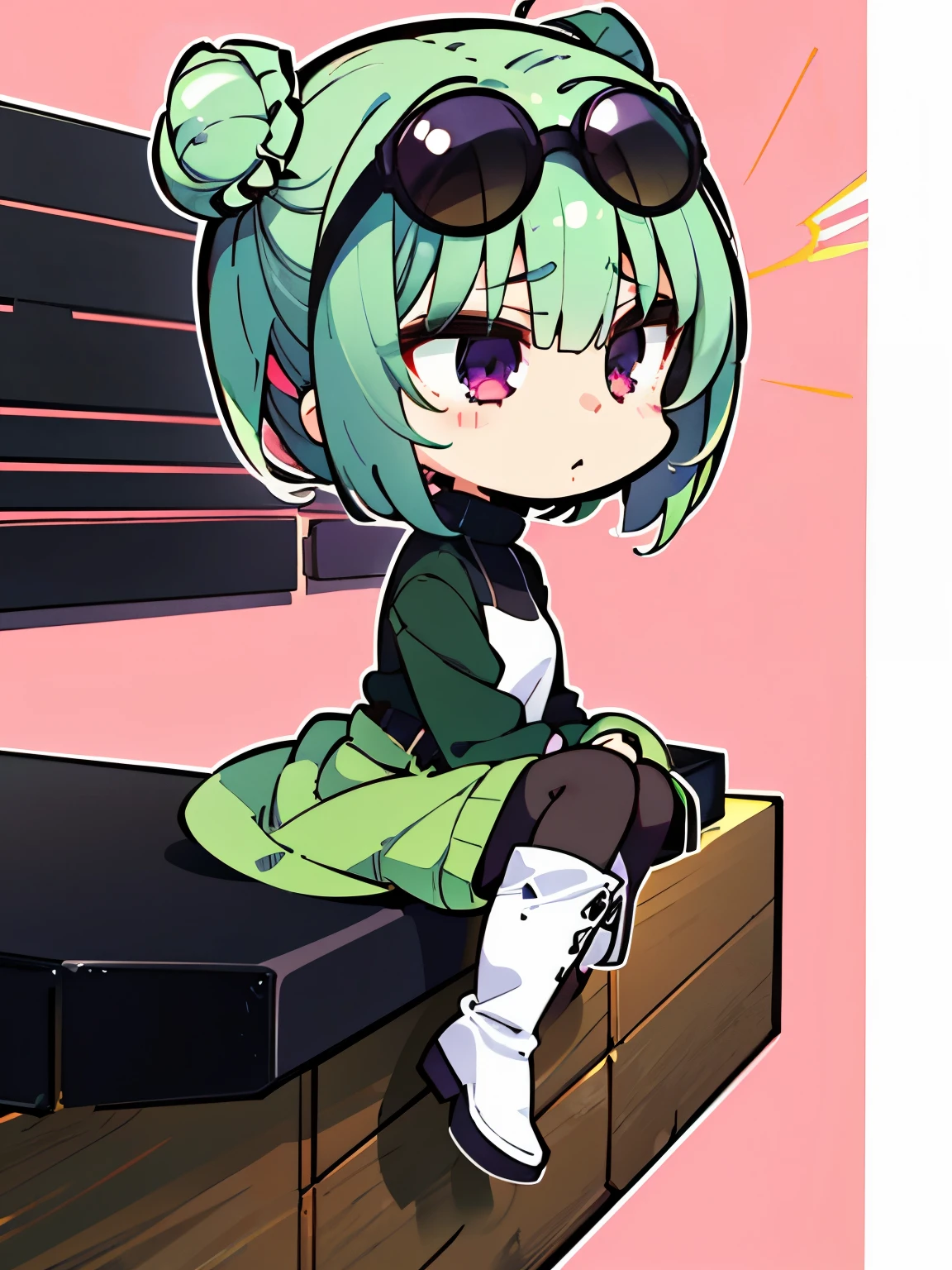 (highres), (best quality), (detailed), (chibi art style)1 girl, alone, medium hair, pastel green hair, twin buns, violet eyes, round black sunglasses on head, black sleeveless turtleneck top, green shorts, dark brown boots