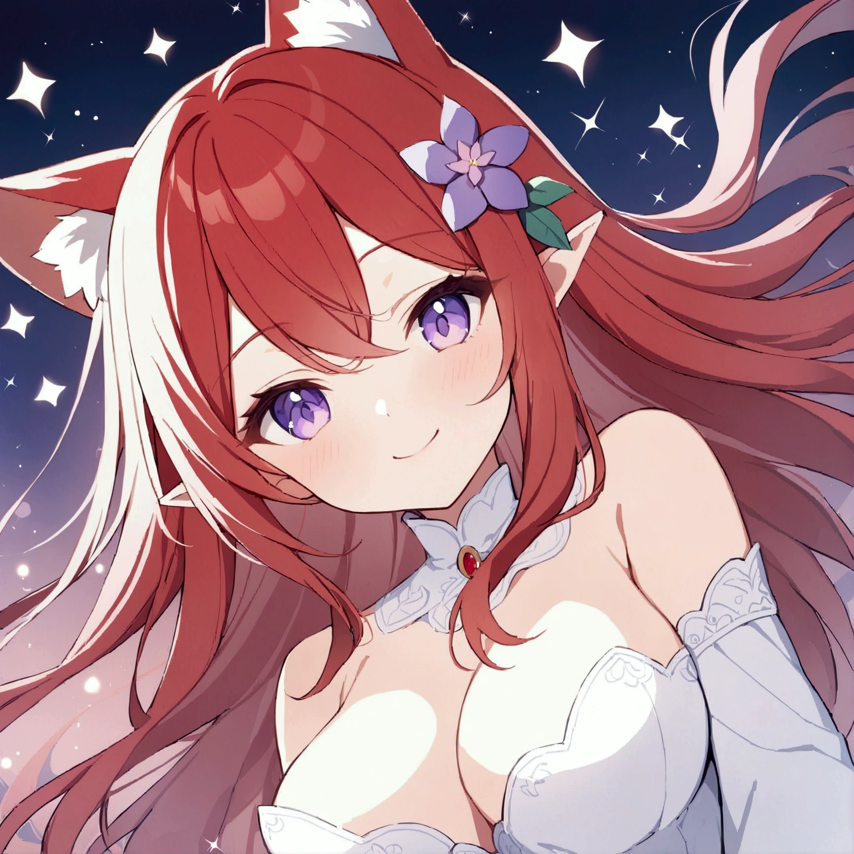 1 girl, length hair, Red hair, breasts, pointy ears, wolf ears, smile, violet eyes, hair flower, Sparkle effect, アニメ, 