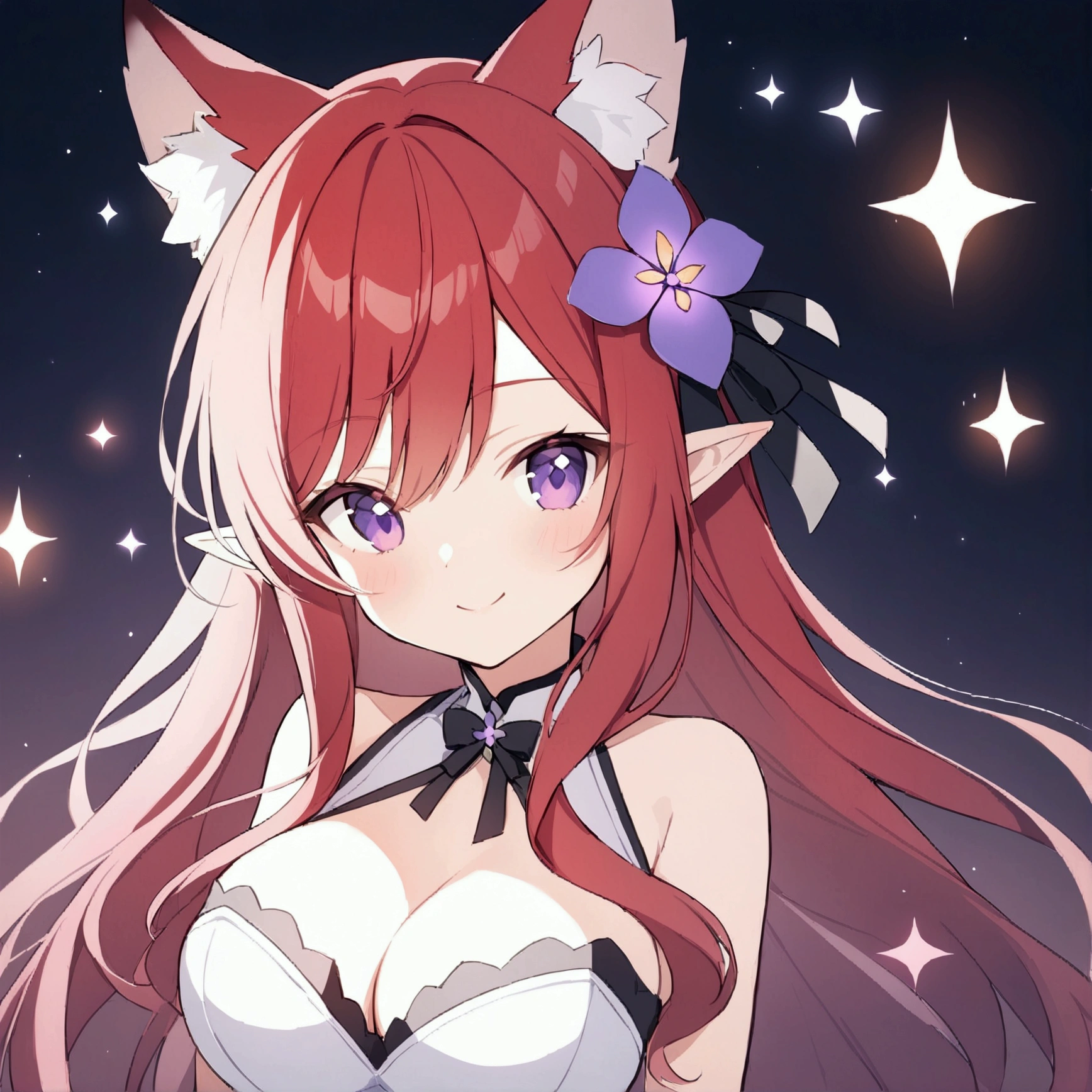 1 girl, length hair, Red hair, breasts, pointy ears, wolf ears, smile, violet eyes, hair flower, Sparkle effect, アニメ, 