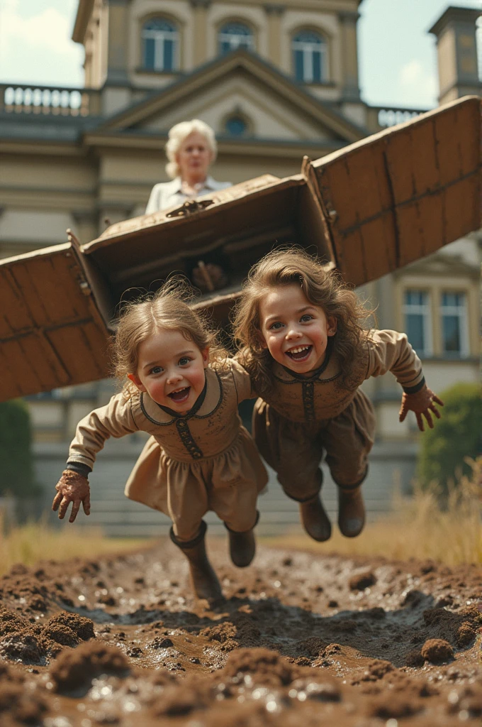 11. Julia and Ashton falling in mud covered with mud while flying the cardboard plane while her mother screaming in the background and in stopping pose wearing luxury clothes with the mansion in the background