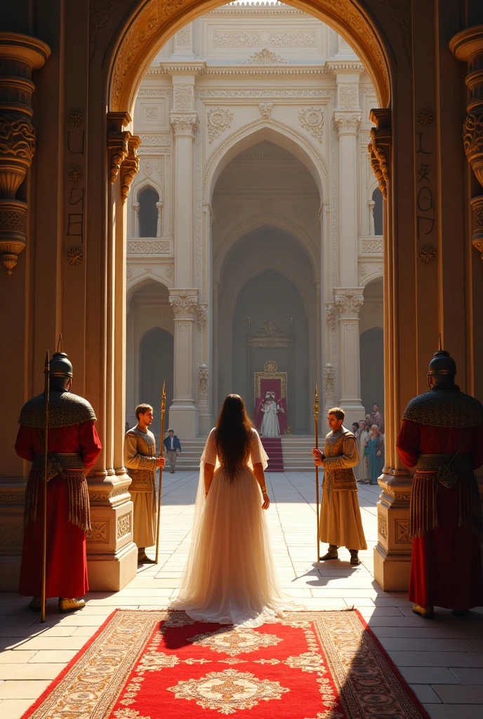 Queen of Persia in the palace courtyard in front of the door. Add two soldiers, one on each side of the royal gate. Add the door with designs. Add a spear in the hands of the soldiers. Make the queen look like she is approaching. Add the Persian king in his throne looking surprised at her. Add a Persian rug on the floor.
Add the hand of the Persian soldiers spears in each one&#39;s hand