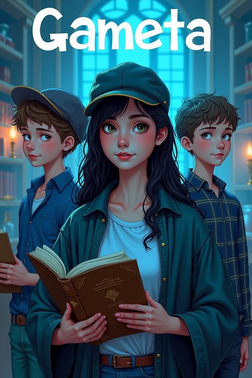 Here is the detailed description for the image:

**fund:** cerulean.

**Personagens:**
1. **naughty girl (downtown):** an 18-year-old girl, with very dark hair, skin fair, dark eyes and freckles. Ela segura um livro de bruxa na mão e está looking to the right.
2. **Child boy (Left):** A boy wearing a blue plaid shirt and a cap. He has black hair and white skin. He holds a notebook and a pen in his hand, and is looking at the center.
3. **Child boy (desna):** One with light brown hair and light eyes, looking to the right.
