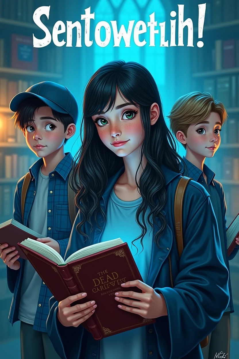 Here is the detailed description for the image:
**fund:** cerulean.
**Personagens:**
1. **naughty girl (downtown):** an 18-year-old girl, with very dark hair, skin fair, dark eyes and freckles. Ela segura um livro de bruxa na mão e está looking to the right.
2. **Child boy (Left):** A boy wearing a blue plaid shirt and a cap. He has black hair and white skin. He holds a notebook and a pen in his hand, and is looking at the center.
3. **Child boy (desna):** One with light brown hair and light eyes, looking to the right.