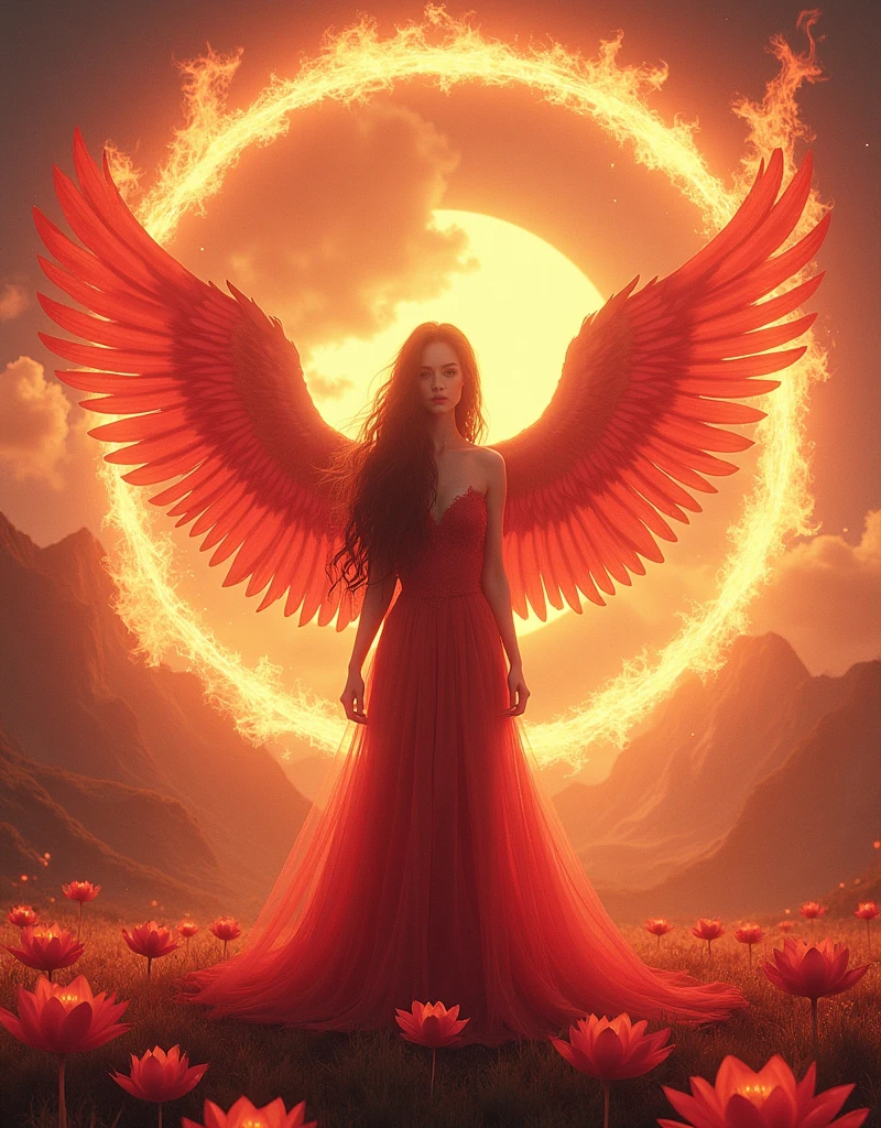 (Masterpiece, best quality: 1.2), a girl with phoenix wings standing in a ring of fire, with glowing red eyes, phoenix, lotus flowers, red gold pink, sunrise from mountain at the background