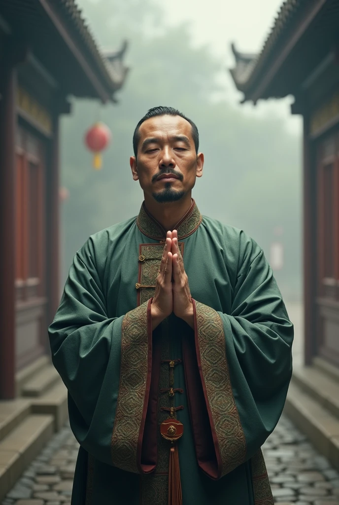 A man wearing Chinese clothing with his hands together in prayer, away from his chest