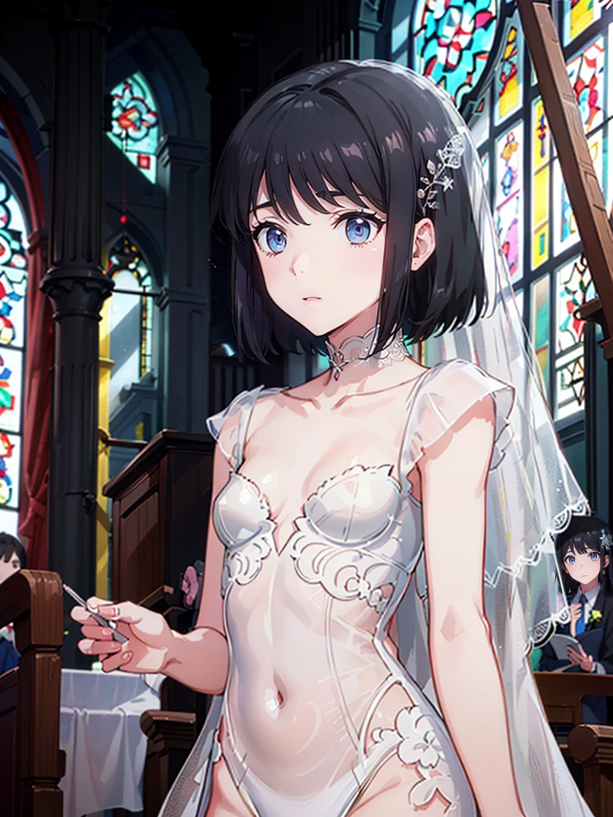 (((High resolution:1.5))), (((Very detailedな:1.5))),BREAK, (((church:1.5)))、BREAK,((7Head to Body:1.3))、(((Beautiful and detailed eyes:1.3))), (((Very detailed))), (((Details face:1.5))), (((clavicle:1.5)))、(((Very delicate body:1.5)))、(((flat chest:1.4)))、(((Waist:1.3)))、(((thigh gap:0.4))),(((Black Hair:1.5)))、(((short hair:1.6))),(((Normal limbs)))、(boyish:1.5)))、(((乳head、sheer wedding dress:1.5)))、(((head:1.3)))、(((from front:1.1))),Anime-like、