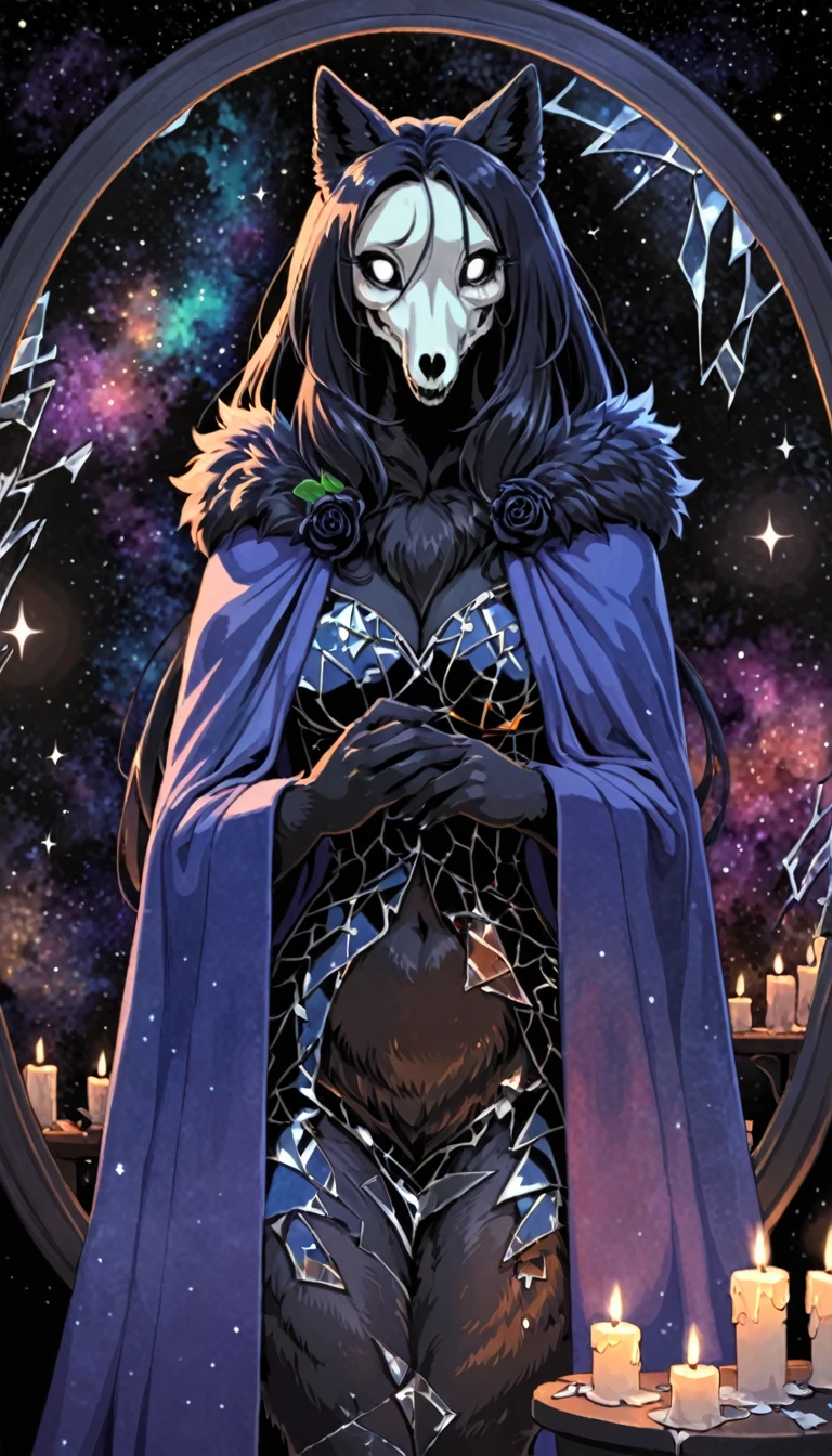 (by Nezumi), best quality,
high resolution, detailed body, hi res, absurd res, 1woman, furry, anthro, (SCP-1471, MalO, female, MalO body, Canine scull), (clothed, dressed, wear spackled dress, Coat:1.2), (long Royal fur Mantle:1.5), athletic, black straight hair, long haircut, black fur, detailed fur, cute hands, detailed hands,
(broken mirror, darkness and space, background of the cosmos of night and stars), detailed light, night color pallet, night pastel soft light, candles, holding black rose, mammal, three-quarter portrait
standing