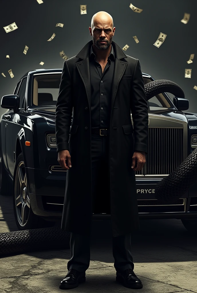 Gta 5 Trevor Philips with black coat ,rolles roys black car on background, black cobra snake , falling more money 