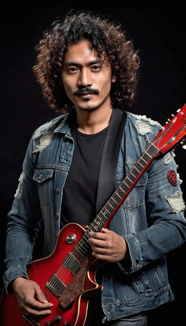 30 year old Indonesian man,curly hair /long wavy curly shoulder length,thin mustache,face focused facing the camera,wearing a black t-shirt,jeans,shabby jacket,holding an old guitar,black gradient background,smoke effect,rustic red,ultrahd,hyper realistic,image quality