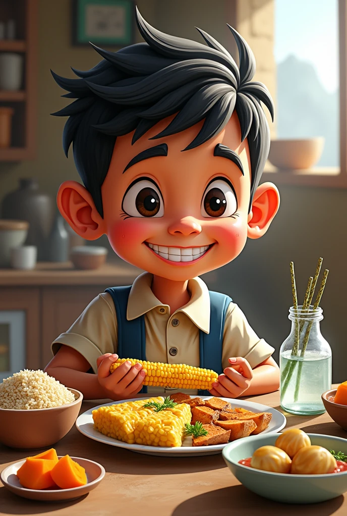 A caricatured schoolboy from the Andean region eating corn, sweet potato, wanton, quinoa in stems, and water in a glass jar
