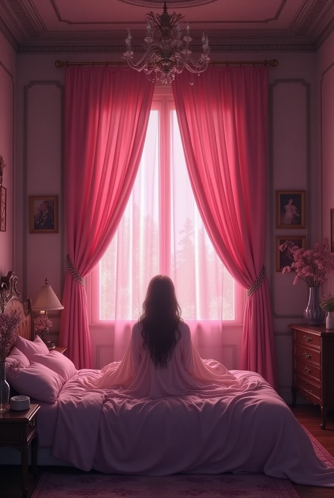 A dimly lit pink single room with fantasy-style curtains closed