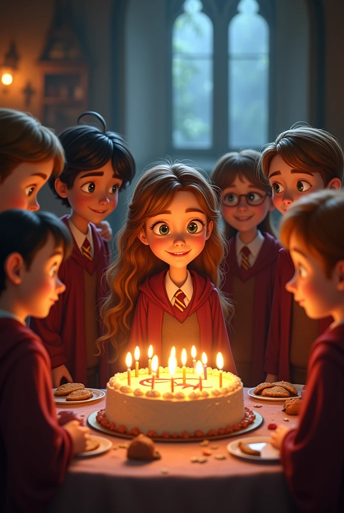 Happy birthday to Hermione with a cake with 24 candles with her friends with Hogwarts uniform animation