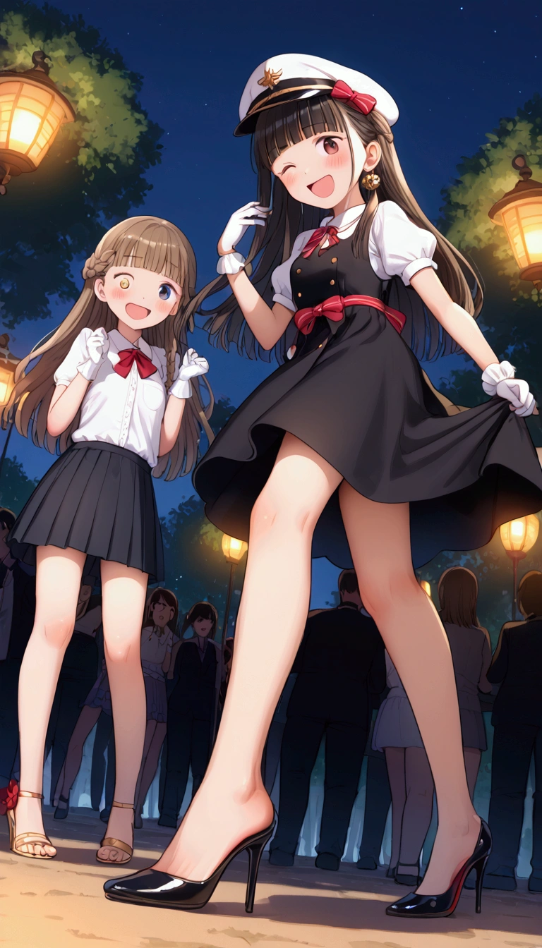 {Highest quality}, {Super beautiful},{Ultra fine},{Best illustration},Brown Hair,Hime cut,long hair,Braid,One woman,Standing Woman,Adult women,smile,Excited face,Wink,Uniform cap,White Shirt,Short sleeve,long black skirt,White gloves,Night Festival,Blushing,Slender,Black high heels,barefoot,From an angle,From below,Woman with closed legs,Hold down your skirt with both hands
