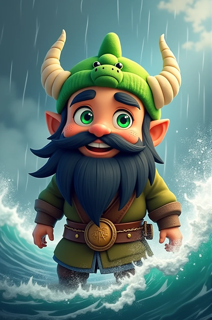 Cartoon style a cute vikings style man he has samurai style hair shaved on the sides he is wearing a plush cap in the shape of a cute green dragon he has bright green eyes and a long black beard with a pendant the scene he is in is a storm his cheeks are flushed and he is happy