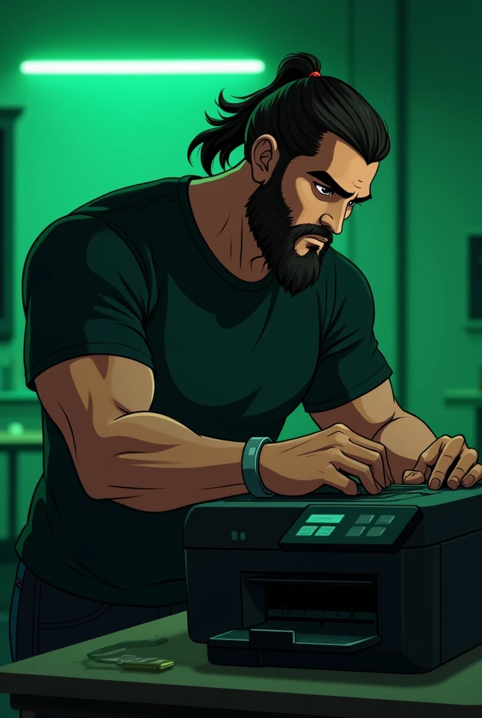 Animated image of a beardless robust man with a ponytail in his hair, black t-shirt repairing a black printer, in a green and black room