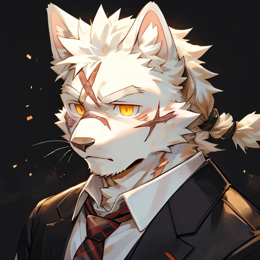 masterpiece,high quality,perfect anatomy,furry,anthro cat,white fur,male, niji5,yellow pupils,bright eyes,exhausted,tie braid,scar on the face,detailed face,by kiyosan,close up face