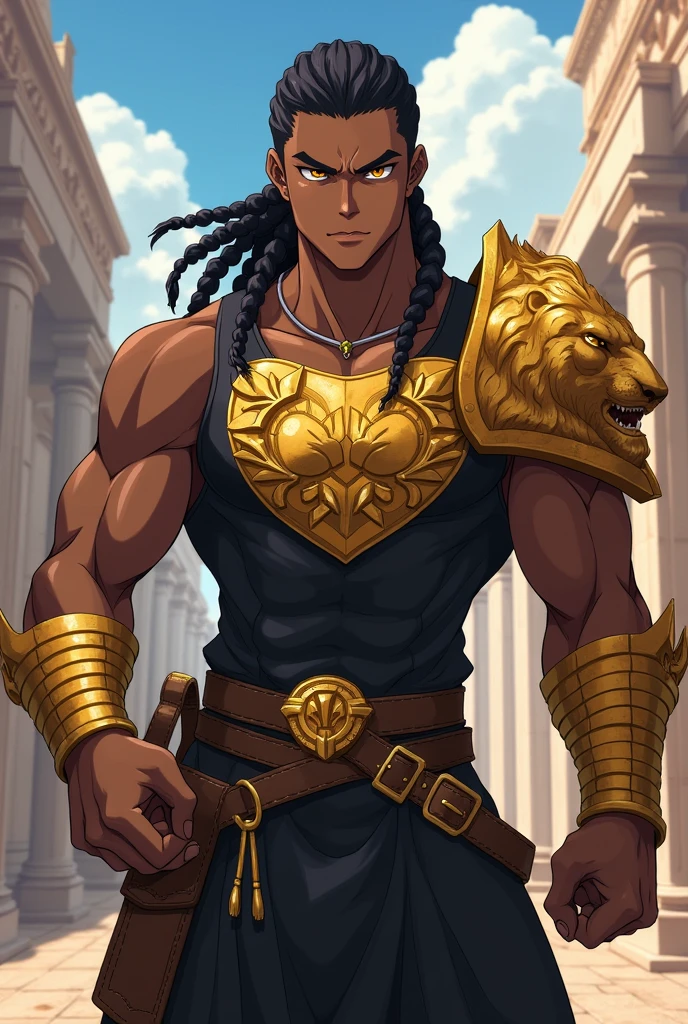 black male, braided hair, amber eyes, angry look, wearing a black tank top, wearing black pants, wearing golden chest armor, wearing a lion's head shaped shoulder pad, using a small leather backrest, Knights of the Zodiac style, anime styling, Full-body image