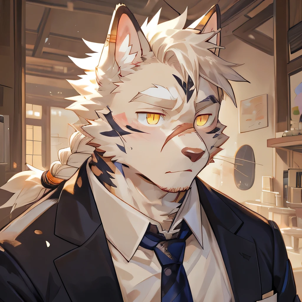masterpiece，high quality，perfect anatomy，furry，anthro cat，white fur，male， niji5，yellow pupils，bright eyes，exhausted，tie braid，scar on the face，detailed face，by kiyosan，close up face
