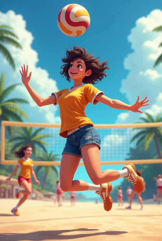 playing volleyball 1.56 tall short curly hair brunette girl