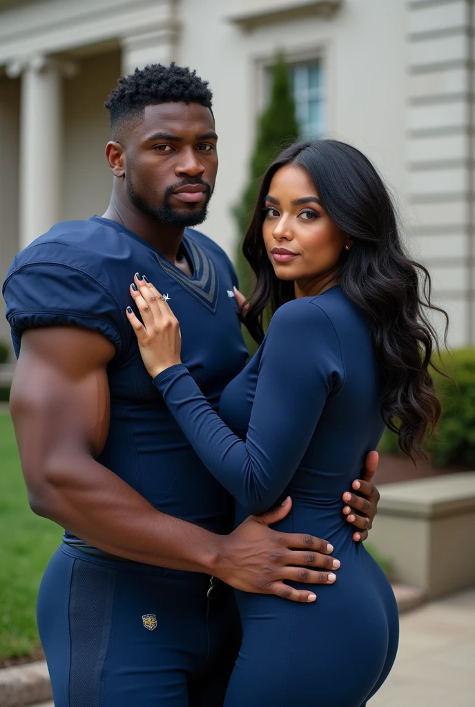 A photo of Tina Nguyen, an Asian woman at Howard university. Curvy as hell. Hanging with her football linebacker boyfriend. Colors are dark blue and white