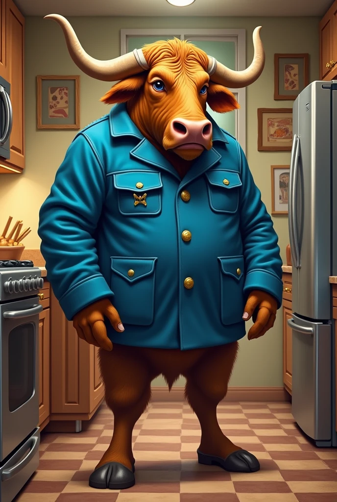 Ox with large horns dressed in blue gasman's uniform in the kitchen