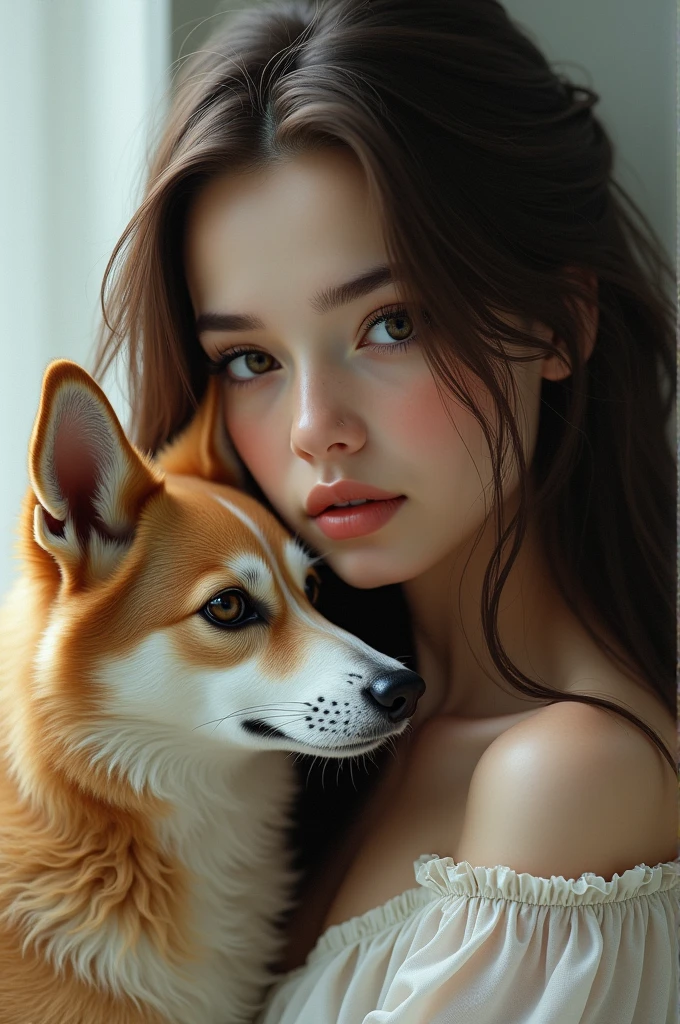 Brunette woman with black dog face