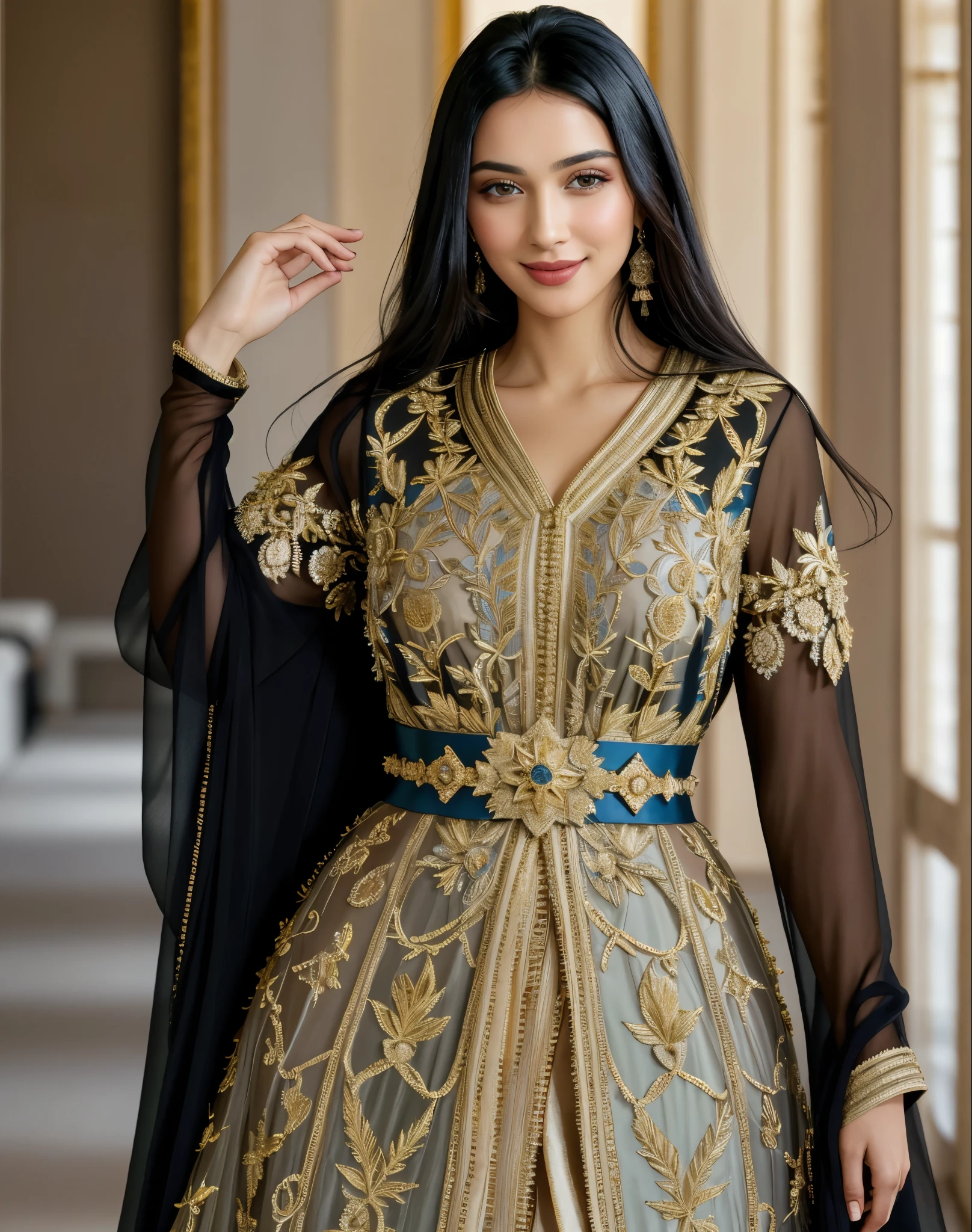4K, Masterpiece, highres, absurdres, smiling,beautiful dark haired mod_woman, face focus , Haute_Couture,wearing a Haute_Couture designer dress, portrait, perfect mod_body, 
