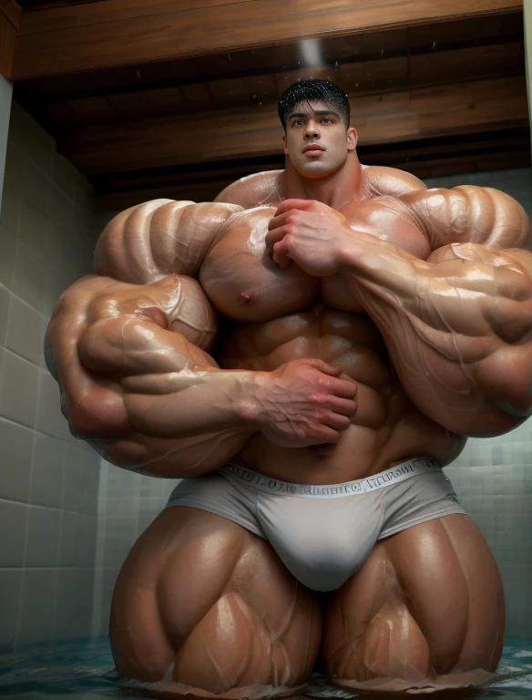 1boy, giant, asian, solo, giant bodybuilder, illuminating light, strong body, bulk, large size, standing under water shower rain in any bathroom, indoor, wet, nude, white triangular underpants with enormous bulge, extraordinary big, brutalmass, giant muscular body, bulk, buff, massive body, large meaty body size, extremely wide body