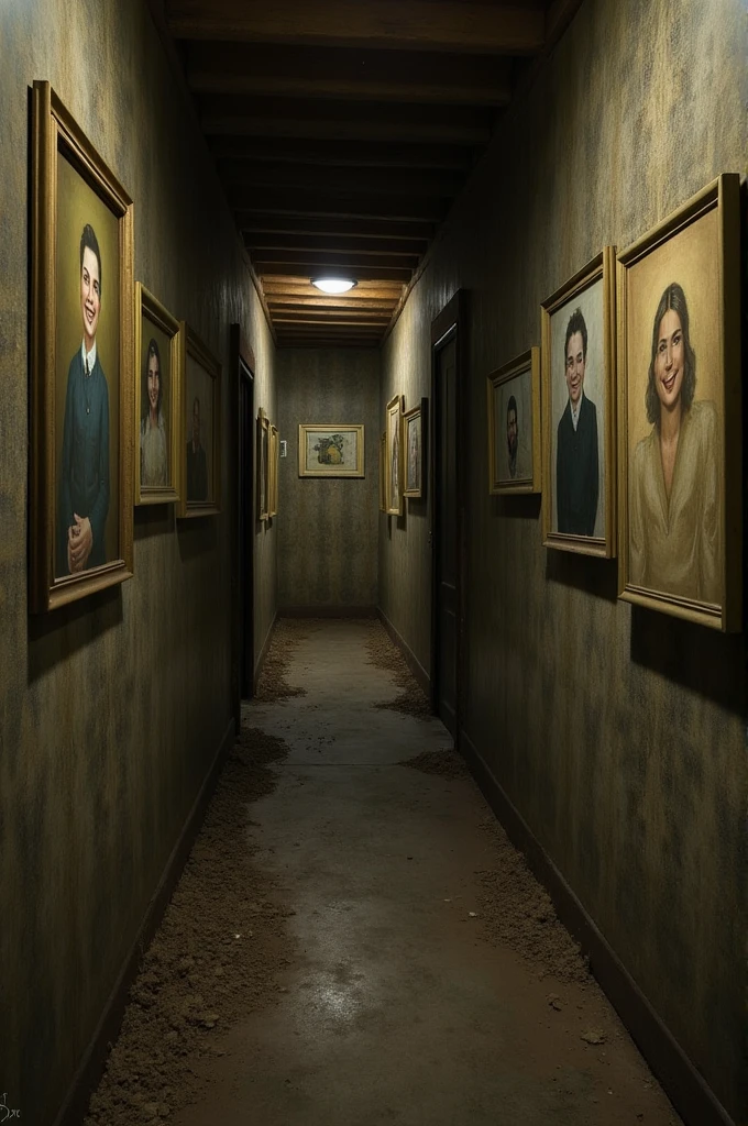 The Hallway of the House:
• Description: An old, dusty hallway with walls covered in old paintings. The paintings show portraits of people who appear to be smiling in a peculiar way.. The hallway has a slightly creepy air, but intriguing.