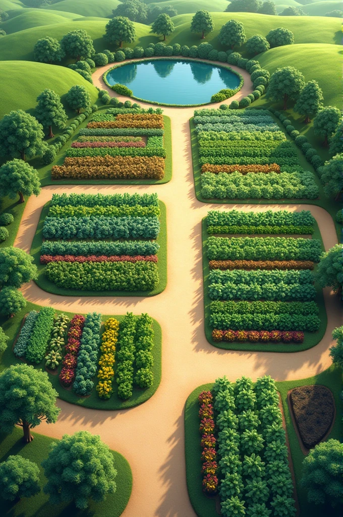 make a site plan for vegetable crops with a street dividing the crops in the center and a pond fish behind the crops