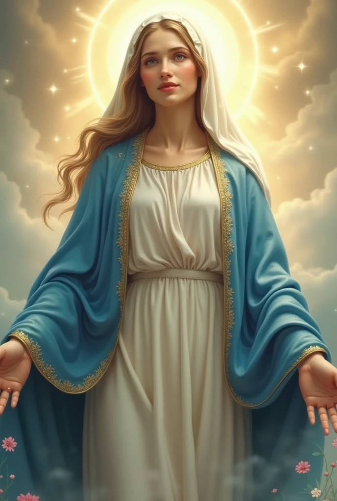 "Create an image of the Virgin Mary with a serene and maternal expression. She should be wearing a blue and white cloak, symbolizing purity and protection. The background can be a heavenly environment with a soft, golden light, highlighting her figure. Her expression should convey calm and compassion, and around her there can be small details such as flowers or stars to accentuate the divine atmosphere."