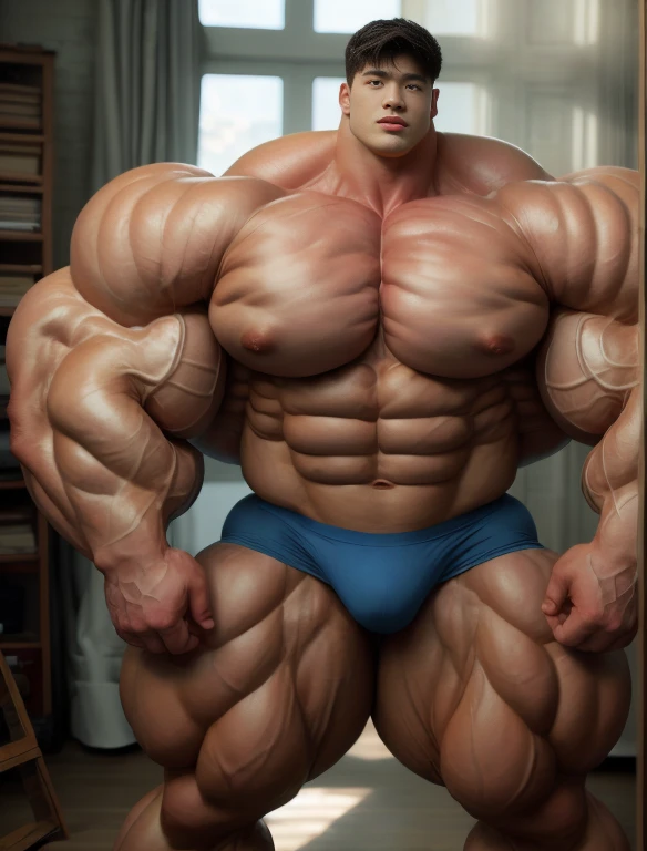 1boy, giant, asian, solo, giant bodybuilder, illuminating light, strong body, bulk, large size, standing in whiet photo studio by the windows, indoor, nude, blue triangular underwear with enormous bulge, extraordinary big, brutalmass, giant muscular body, bulk, buff, massive body, large meaty body size, extremely wide body