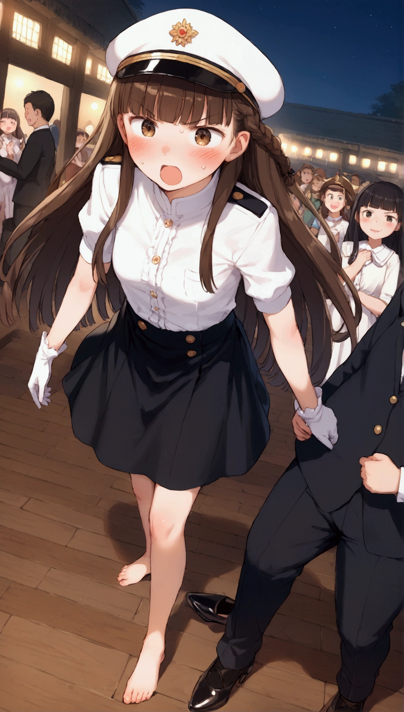 {Highest quality}, {Super beautiful},{Ultra fine},{Best illustration},Brown Hair,Hime cut,long hair,Braid,One woman,Standing Woman,Strike a pose,Adult women,Angry face,Open your mouth,Uniform cap,White Shirt,Short sleeve,long black skirt,White gloves,Night Festival,Blushing,Slender,Black high heels,barefoot,From an angle,From below,Woman with closed legs,