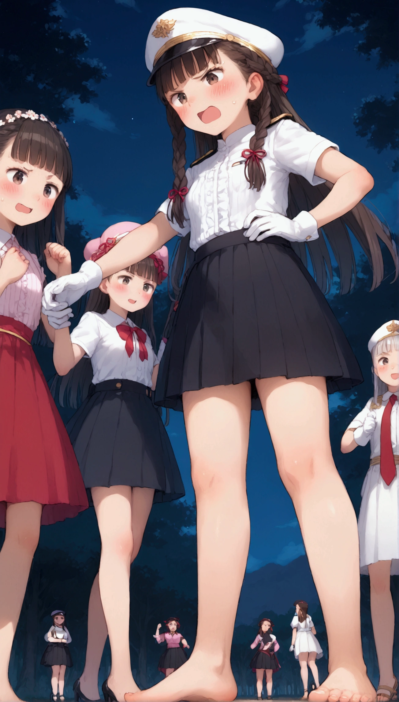 {Highest quality}, {Super beautiful},{Ultra fine},{Best illustration},Brown Hair,Hime cut,long hair,Braid,One woman,Standing Woman,Strike a pose,Adult women,Angry face,Open your mouth,Uniform cap,White Shirt,Short sleeve,long black skirt,White gloves,Night Festival,Blushing,Slender,Black high heels,barefoot,From an angle,From below,Woman with closed legs,