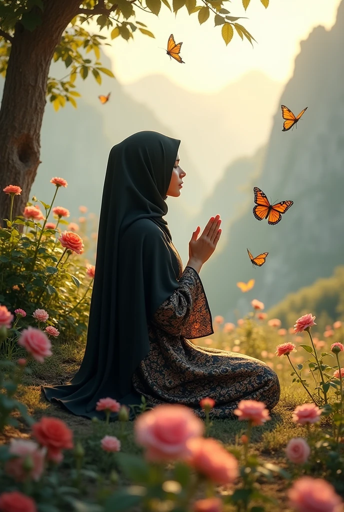 Muslim woman sits and prays , She is wearing a very beautiful cotton dress , there is a black scarf on the head , her face is not visible , rays of light illuminate and butterflies fly around her , in the background there is a fabulous nature and mountains , flowers roses 