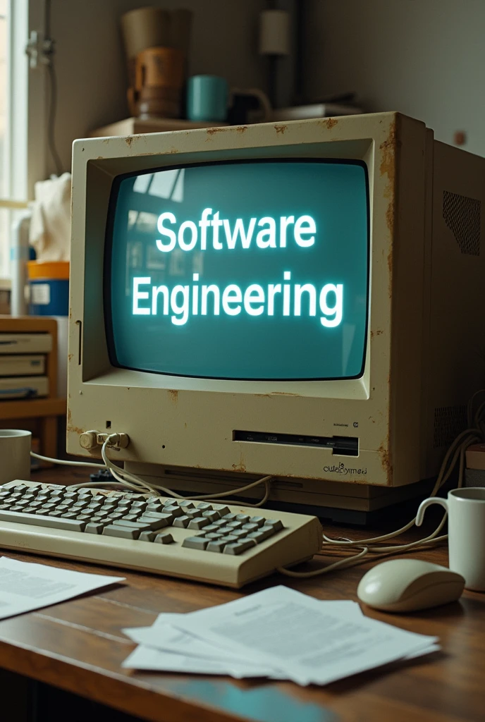 An old computer showing Software Engineering on its screen 
