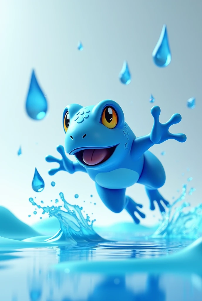 Design a 3D stylized illustration for 'Aqua,' a frog-like creature embodying the water element. The art style should reflect the sleek, modern aesthetic of the SOLMON logo, focusing on smooth, glossy textures with water droplets and ripples integrated into its design. Aqua should be posed in a dynamic, leaping stance, with bright, aquatic eyes and fluid movements. The background should feature a minimalistic water-themed landscape, incorporating digital waves and droplets that emphasize Aqua's powerful yet graceful nature.