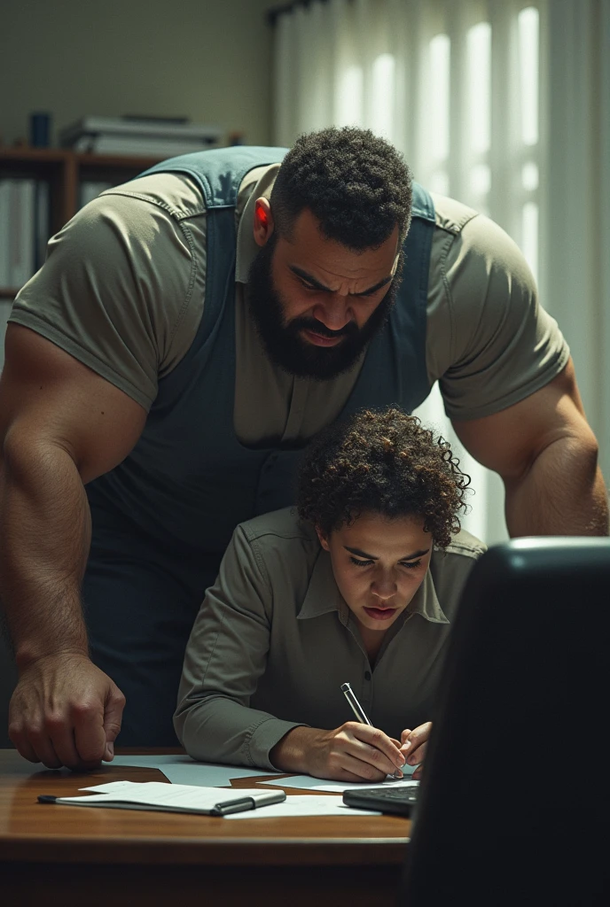Muscular boss harassing white-skinned employee with curly hair 
